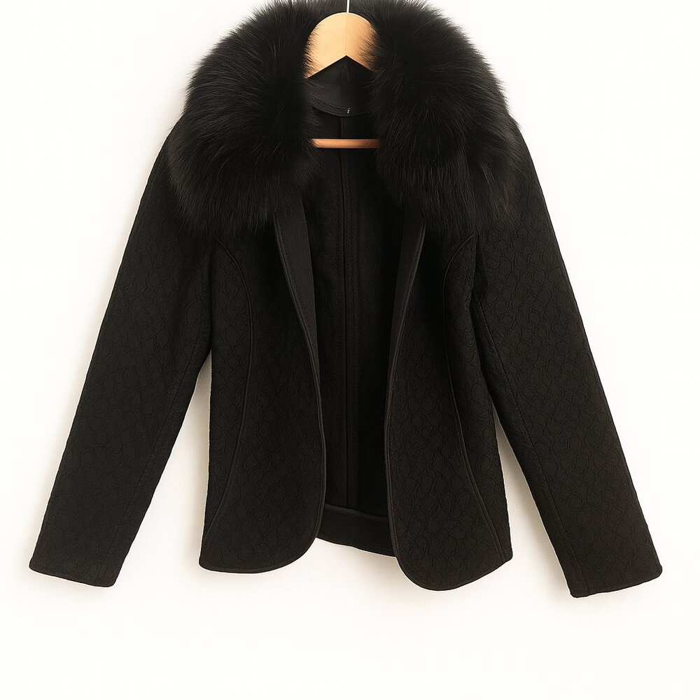 Upcycled Black Denim Jacket w/ Real Fox Fur Stole Collar – Size 8